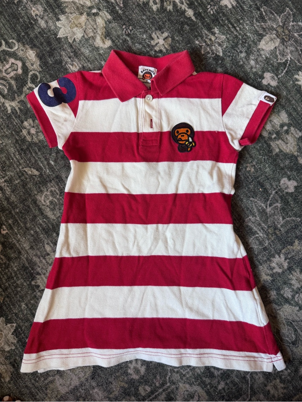 Bape Kids Red & White Striped Polo Dress with Ape Patch